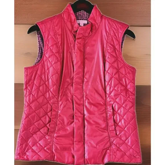 Lilly Pulitzer Quilted Puffer Vest Medium Hot Pink Full Zip Snap It's A Lilly - Picture 1 of 10